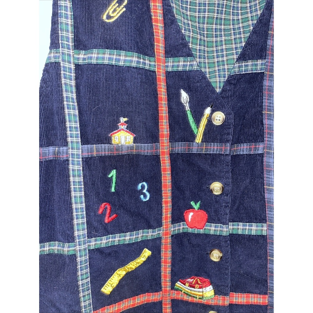 VTG Teacher's Vest Womans Large Navy Blue Plaid Corduroy School Kidcore 80s 90 - Picture 2 of 7